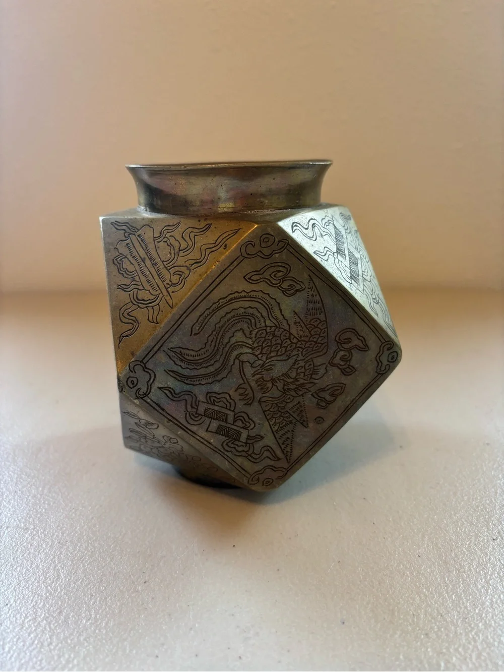Antique 1940s Brass Hexagonal Decorative Vase - Brass Finish
